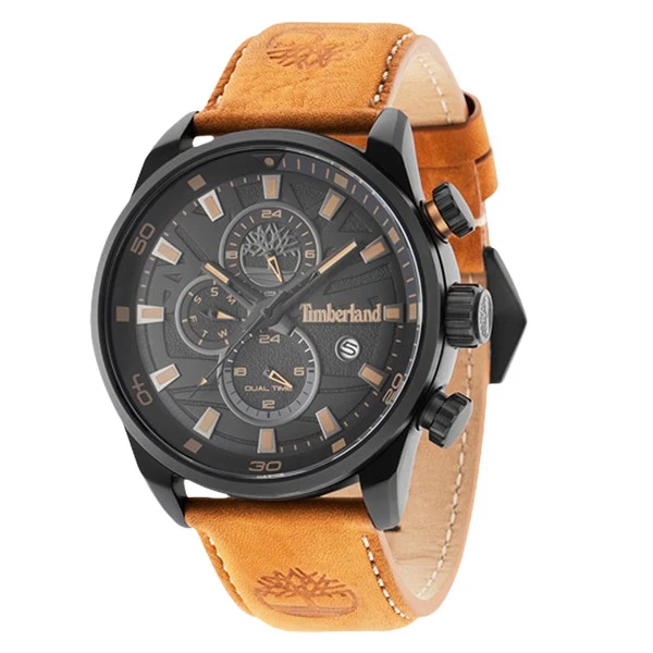 Timberland TBL14816JLB02 Henniker II Men's Watch – 46mm Black Stainless Steel Case, Brown Leather Strap, Dual Time, Day-Date, 5 ATM Water Resistance - Image 3