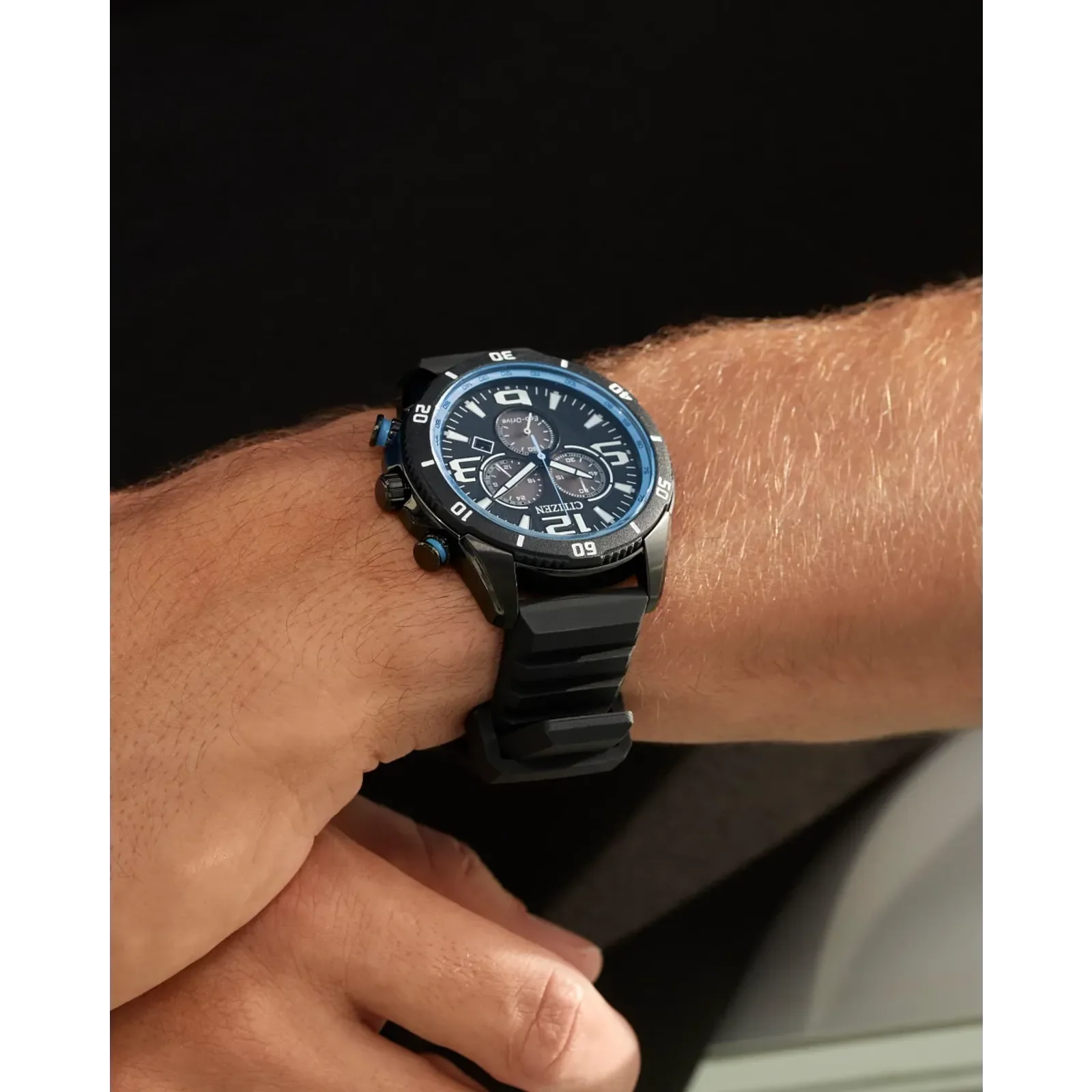 Citizen AT2567-18L Men's Eco-Drive Chronograph Watch - 43mm Light Blue Dial, Black Rubber Strap - Image 5