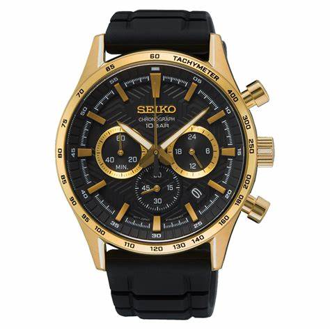 Seiko Chronograph SSB446P1 Quartz Men's Watch - Black Dial, Gold-Tone Case, Silicone Strap - Image 4