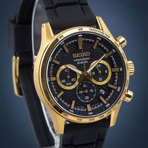 Seiko Chronograph SSB446P1 Quartz Men's Watch - Black Dial, Gold-Tone Case, Silicone Strap - Image 5